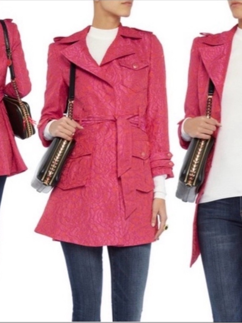 RARE Alice + Olivia Jacquard Trench Coat Belted Brocade NWOT Pink Metallic Rose - Picture 7 of 11
